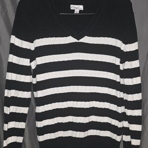 Kim Rogers V-Neck Sweater in Black and White Stripes